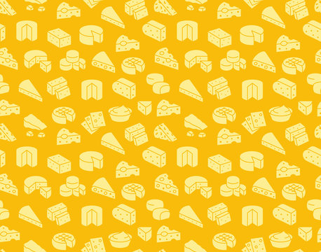 Cheese seamless pattern with silhouette icons. Vector background, illustrations of parmesan, mozzarella, yogurt, dutch, ricotta, butter, blue chees piece for dairy product store. Orange, yellow color