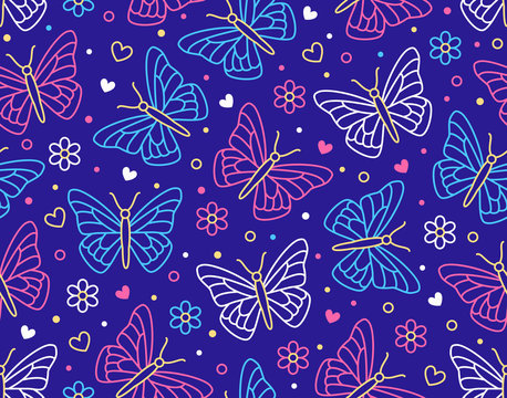 Butterfly seamless pattern. Flying insects with flowers, hearts background, cute butterflies flat line icons for kids decor, spring wallpaper. Pink, white, dark purple, blue color