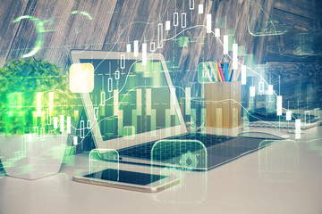 Multi exposure of forex chart and work space with computer. Concept of international online trading.