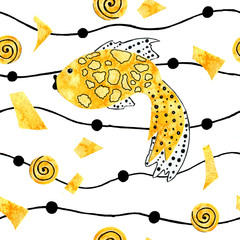 Seamless pattern with cartoon fishes. Hand drawing with a flock of marine mammals. Kids products, fabrics, wallpapers, textiles. Simple mono linear modern design.