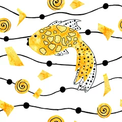 Tapeten Goldfisch Nahtloses Muster mit Karikaturfischen. Handzeichnung mit einer Herde von Meeressäugern. Kinderprodukte, Stoffe, Tapeten, Textilien. Einfaches monolineares modernes Design.