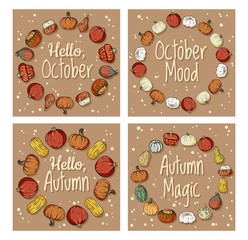 Set of decorative wreaths cute cozy banners. Collection of autumn festive posters. Fall harvest greetings postcards