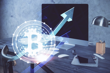 Multi exposure of blockchain theme hologram and table with computer background. Concept of bitcoin...