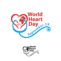 World heart day with red, blue, dark grey heart and world sign vector design