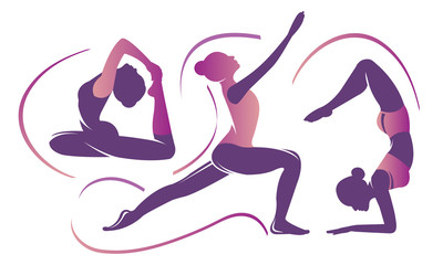 Set of different yoga asanas. Beautiful womans practice yoga exercises in different poses isolated on white background. Sports vector illustration with young girl in flat style.