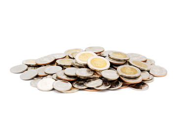 Pile of new Thai Baht coins, isolated on white background. Business and finance concept.