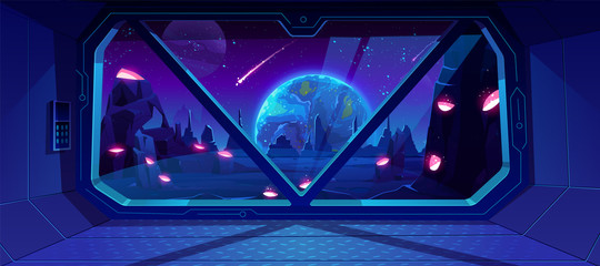 Spaceship view on Earth at night from alien planet with craters, neon space background with falling meteor in dark starry sky, fantasy landscape through shuttle window. Cartoon vector illustration