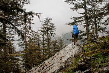 Girl in the raincoat walking on the rock with hiking backpack and sticks
