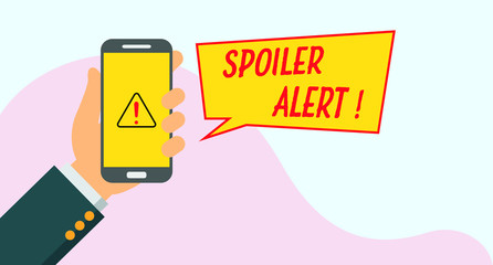 Illustration of spoiler alert notification concept. Hand holding mobile phone.