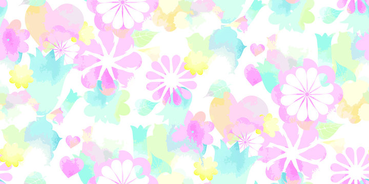 Soft watercolor floral print - seamless background. Endless pattern with pink blue yellow flowers. Vector Stylish illustration for Saint Valentine's Day, children - babies and spring design. 
