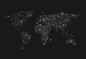 Black and white map of the world with glowing points. stock illustration