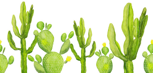 Watercolor hand drawn seamless banner with green cacti, plants isolated on white background. Flower illustration with space for text good for banner, greeting card, invitations.