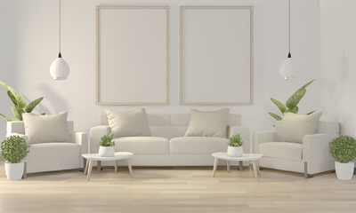 Fototapeta na wymiar Mock up poster frame in white living room with white sofa and decoration plants on floor wooden.3D rendering