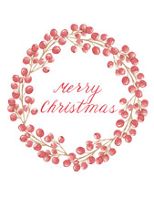 watercolor hand drawn christmas card with holly berry wreath with lettering isolated on white background