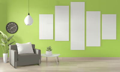 Mock up poster frame on wall, Sofa white and decoration plants on light green wall and wooden floor.3D rendering