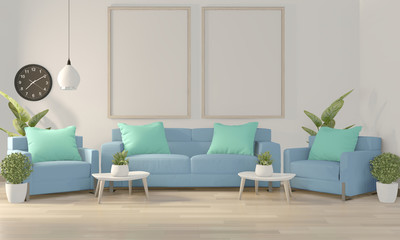Mock up poster frame in white living room with blue sofa and decoration plants on floor wooden.3D rendering