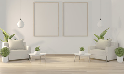 Fototapeta na wymiar Mock up poster frame in white living room with white sofa and decoration plants on floor wooden.3D rendering