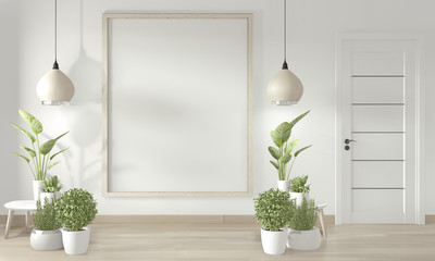 Poster frame on white wall and white door and decoration minimal design.3D rendering