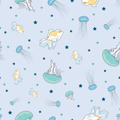 Jellyfish and fish underwater seamless pattern
