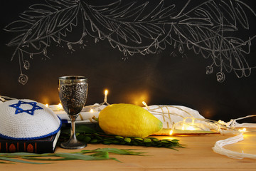 Jewish festival of Sukkot. Traditional symbols (The four species): Etrog, lulav, hadas, arava