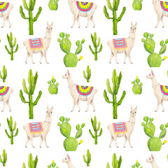Watercolor hand drawn seamless pattern with cute white llama or alpaca and cacti isolated on white. Trendy cartoon llama background, good for wallpaper, fabric, wrapping paper © Lelakordrawings