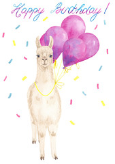 Happy Birthday greeting card with watercolor hand drawn cute llama or alpaca with pink balloons and  lettering isolated on white background. Good  for poster, card  or invitation.