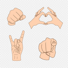 Vector Set of Hand Gesturing, Pointing Finger, Fist, Heart Shaped Palms, Colorful Icons, Isolated.