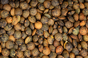 Top view macro image of brown lentils as a natural healthy food background.