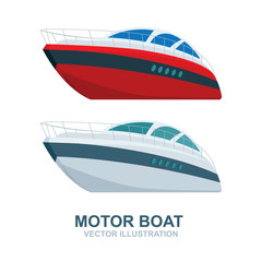 Speed motor boat. Luxury speed boat vector illustrations set. White yacht icons. 