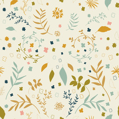 Seamless floral pattern with flowers and leaves. Modern background with hand drawn elements.