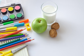 School education concept. Stationery and food supplies