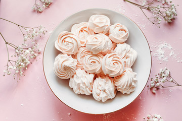 Homemade pink strawberry marshmallows. Caring for children's health, healthy dessert.