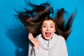 Petty funny lady overjoyed warm breeze blowing wear knitted pullover isolated blue background
