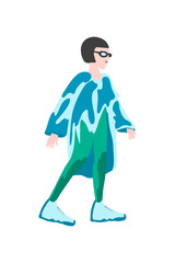 Model posing. Beautiful young woman in poncho and fashionable sneakers. exclusive print clothes. . Hand drawn girl in sunglasses. Sketch. Vector illustration