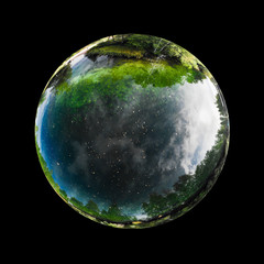 A three dimensional panoramic view of the turquoise spring Kiikunlahde in Hollola, Finland in a mini planet panorama style.