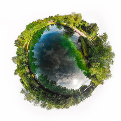 A three dimensional panoramic view of the turquoise spring Kiikunlahde in Hollola, Finland in a...