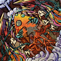 The Doodle Wall Graffiti Spirit Mushroom! Concept Art. Realistic Illustration. Video Game Digital CG Artwork. Scenery.