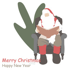 Santa Claus read book. Modern Christmas illustration. Hand drawn flat deisgn colorful clip art on white background Holiday card, postcard and invite. New Year poster and banner. Vector