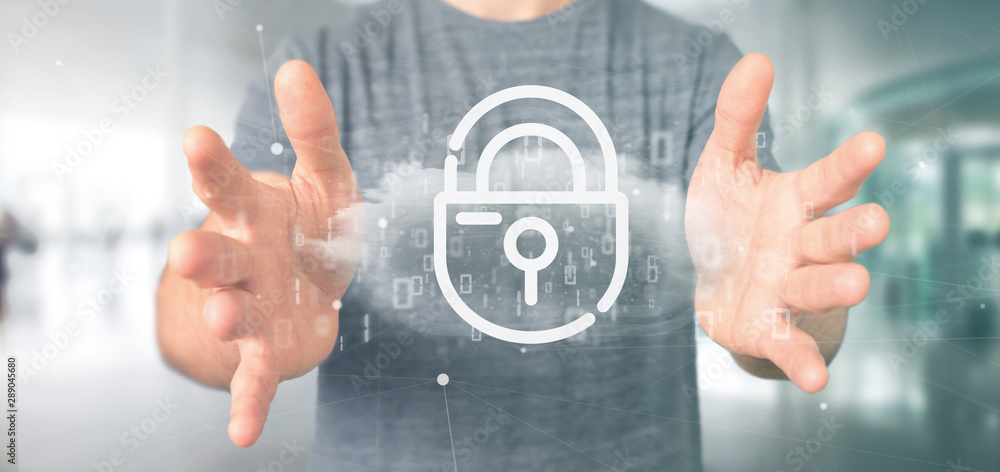 Poster businessman holding a binary cloud with internet security padlock 3d rendering