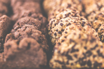 Organic homemade chocolate chip cookies in a row.