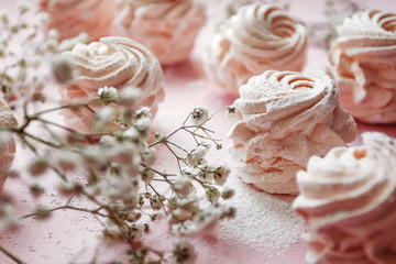 Homemade pink strawberry marshmallows. Caring for children's health, healthy dessert. Close-up.