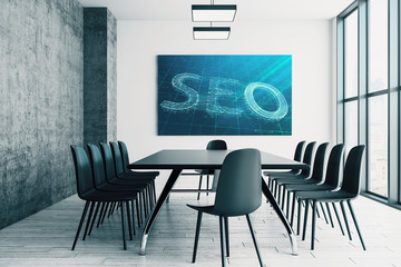 Conference room interior with seo writing on screen monitor on the wall. Data search optimization concept. 3d rendering.