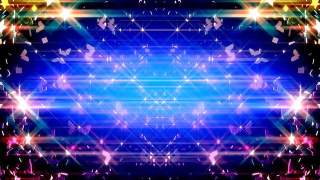 A lot of festive star figures flying and small shatters are mirroring on the blue background.