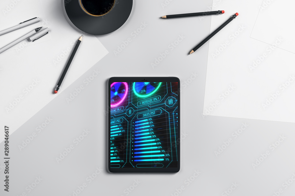 Aufkleber digital tablet closeup with business theme picture on screen. technology innovation concept. 3d rend