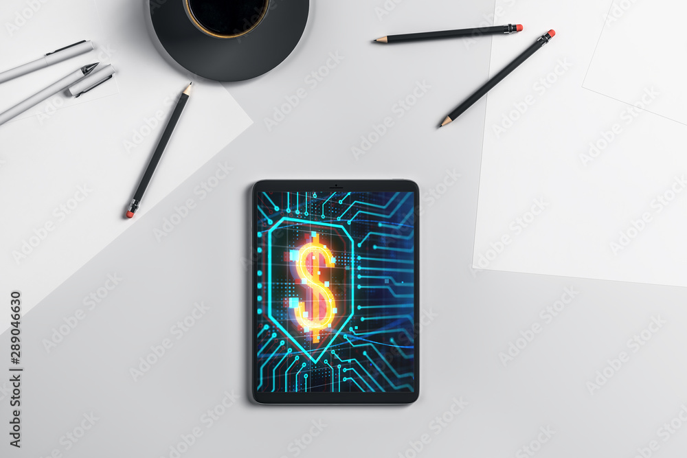 Aufkleber digital tablet closeup with business theme picture on screen. technology innovation concept. 3d rend