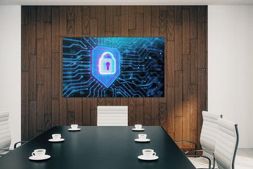 Conference room interior with lock icon on screen monitor on the wall. Data safety concept. 3d rendering.