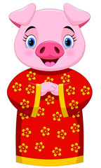 Chinese New Year 2019. Cute pig cartoon with traditional costume