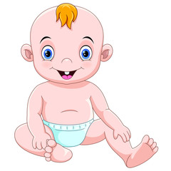 Cute cartoon baby sitting and smiling isolated on white background
