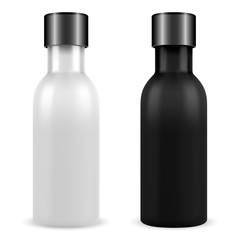 Essential oil cosmetic bottle black, white set. Isolated round vial vector mockup. Realistic plastic medical template. Smal black pharmacy container. Treatment mock up