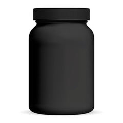 Black Medicine Bottle. Supplement packaging. Plastic cosmetic jar with cap isolated on white. Vitamin tablet container. Nutrition tube for whey protein or casein powder energy nutrition. Cylinder pack